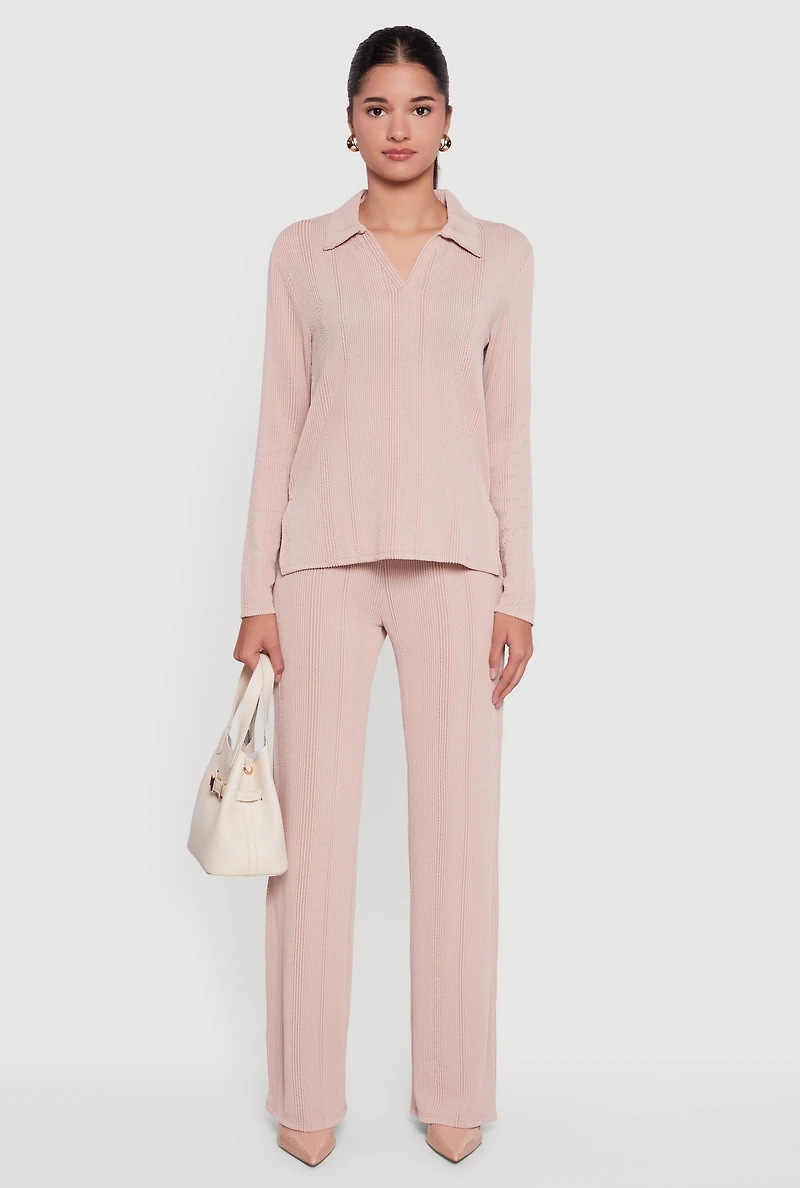 Womens High Waisted Ribbed Knit Straight Leg Pants, Khaki, Size L