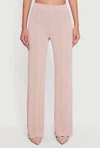 Womens High Waisted Ribbed Knit Straight Leg Pants, Khaki, Size L