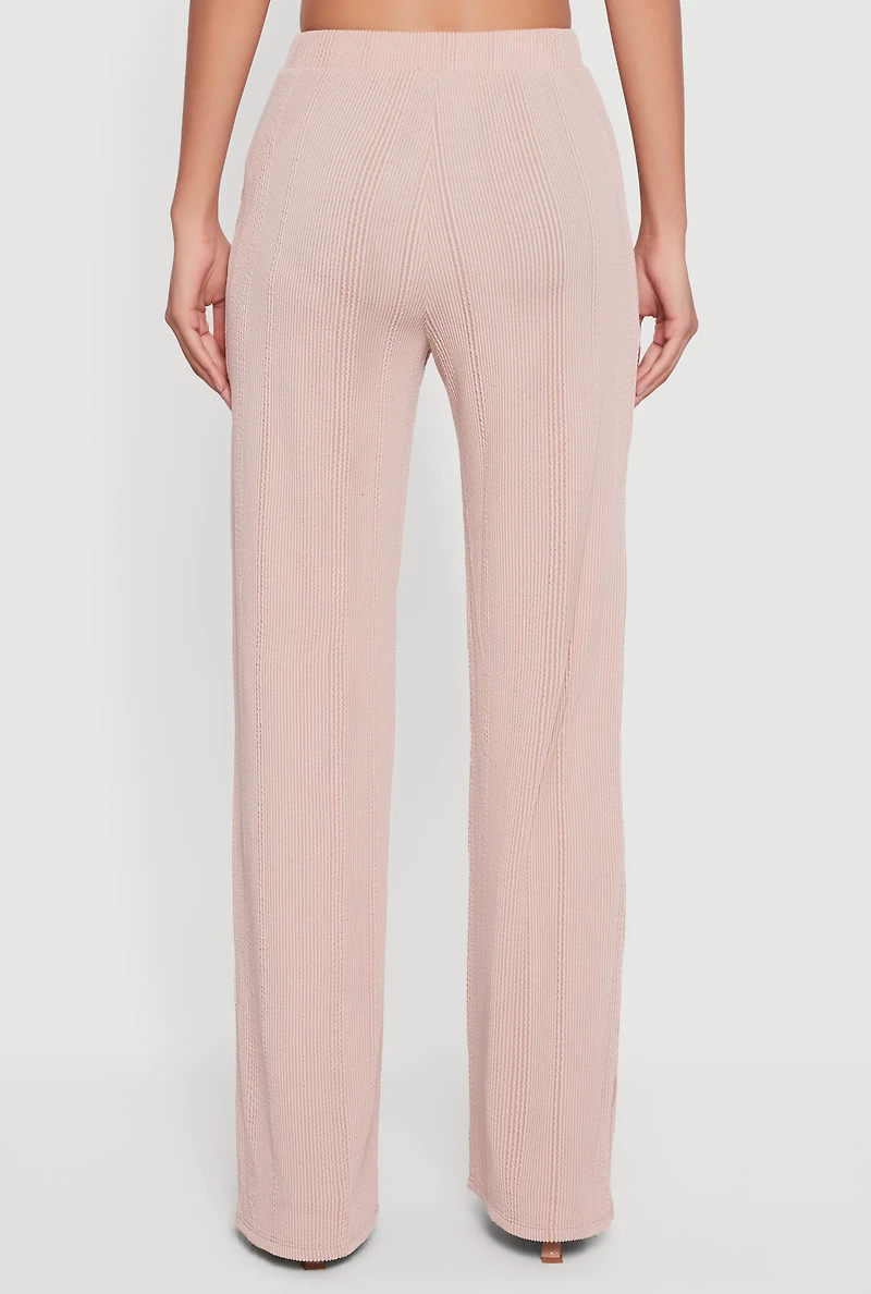 Womens High Waisted Ribbed Knit Straight Leg Pants, Khaki, Size L