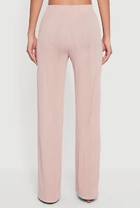 Womens High Waisted Ribbed Knit Straight Leg Pants, Khaki, Size L