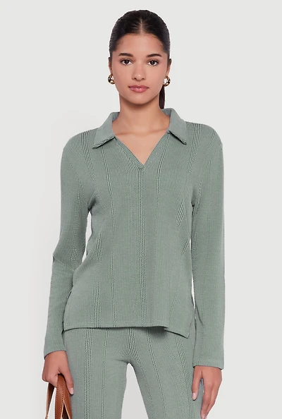 Ribbed Knit Long Sleeve Johnny Collar Polo Shirt