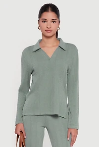 Ribbed Knit Long Sleeve Johnny Collar Polo Shirt