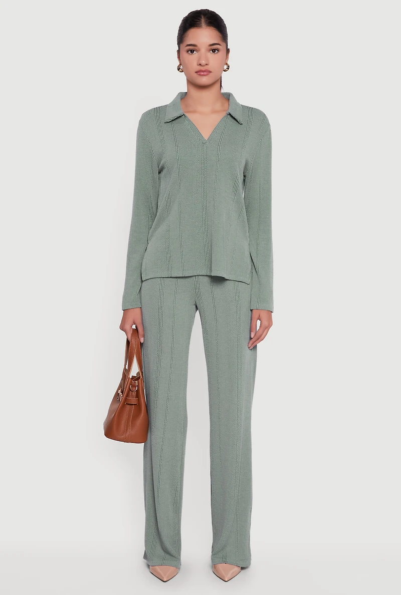 Ribbed Knit Long Sleeve Johnny Collar Polo Shirt