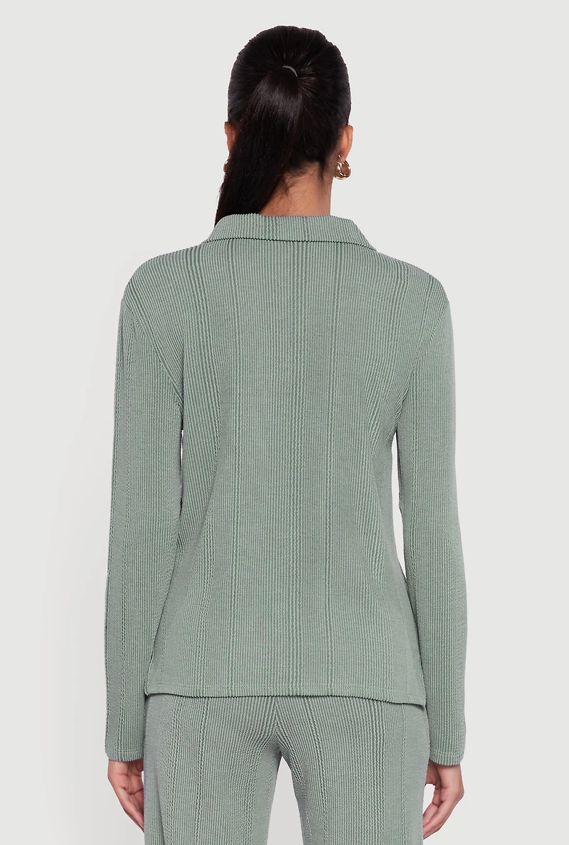 Ribbed Knit Long Sleeve Johnny Collar Polo Shirt