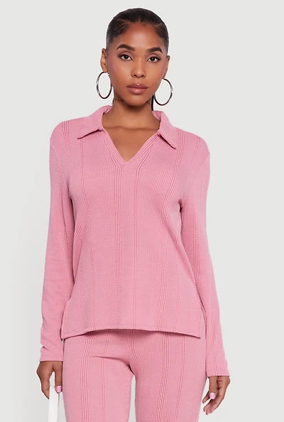 Womens Ribbed Knit Long Sleeve Johnny Collar Polo Shirt, Pink, Size M