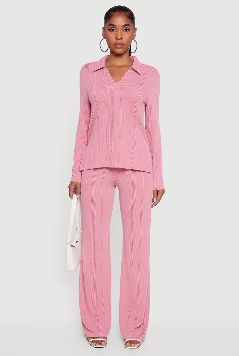 Womens Ribbed Knit Long Sleeve Johnny Collar Polo Shirt, Pink, Size L