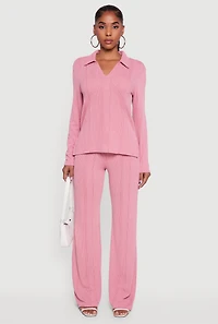 Womens Ribbed Knit Long Sleeve Johnny Collar Polo Shirt, Pink, Size L