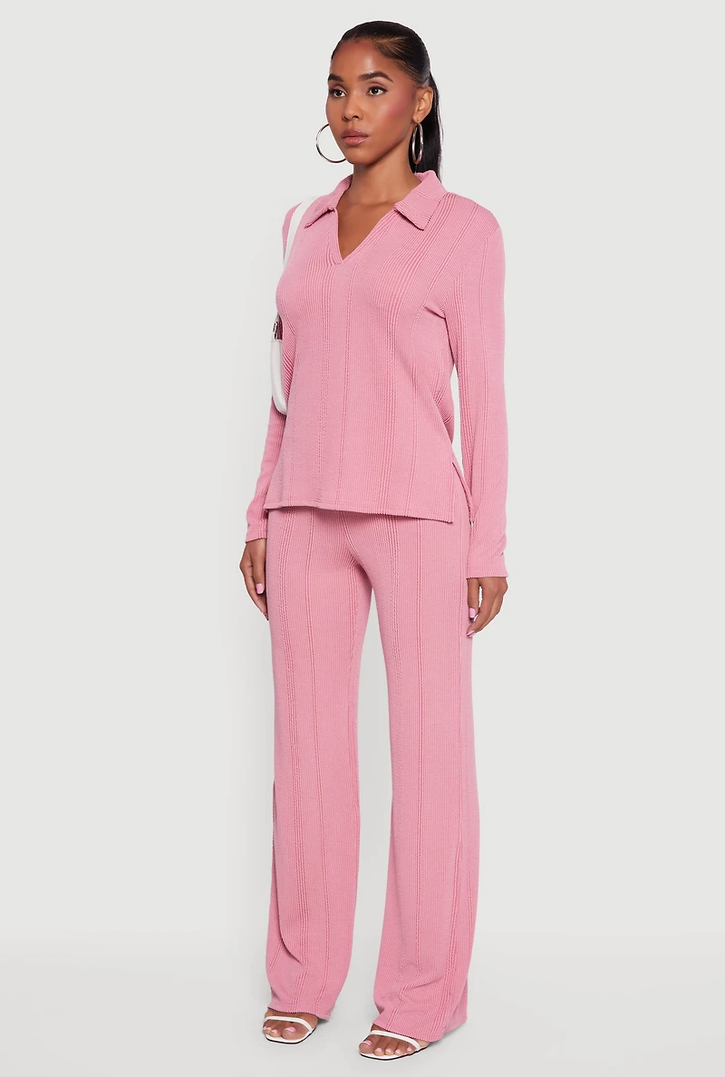 Womens Ribbed Knit Long Sleeve Johnny Collar Polo Shirt, Pink, Size L