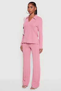 Womens Ribbed Knit Long Sleeve Johnny Collar Polo Shirt, Pink, Size L