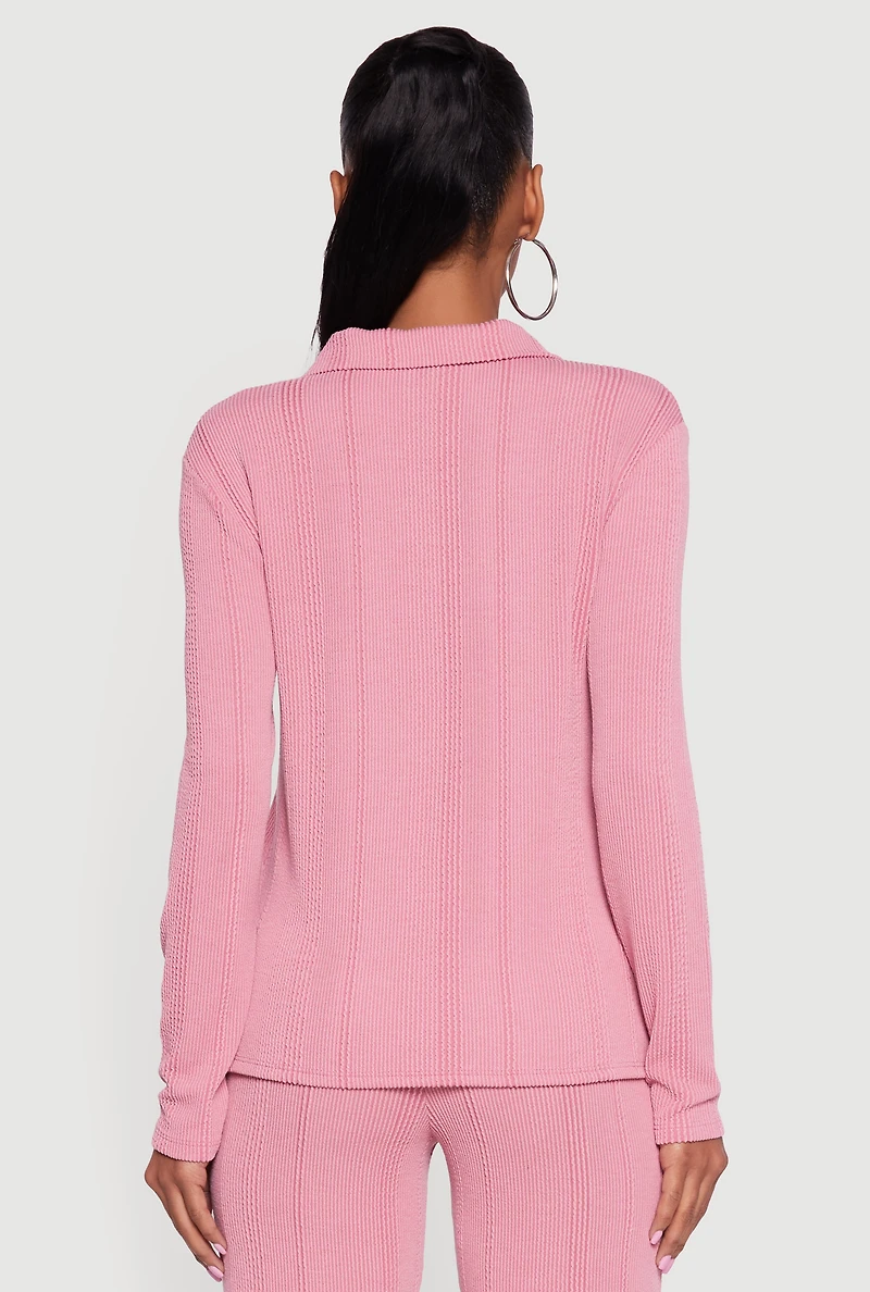 Womens Ribbed Knit Long Sleeve Johnny Collar Polo Shirt, Pink, Size L