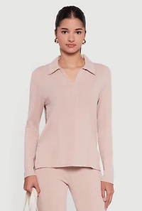 Ribbed Knit Long Sleeve Johnny Collar Polo Shirt