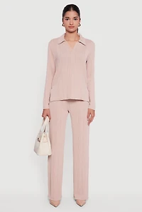 Ribbed Knit Long Sleeve Johnny Collar Polo Shirt