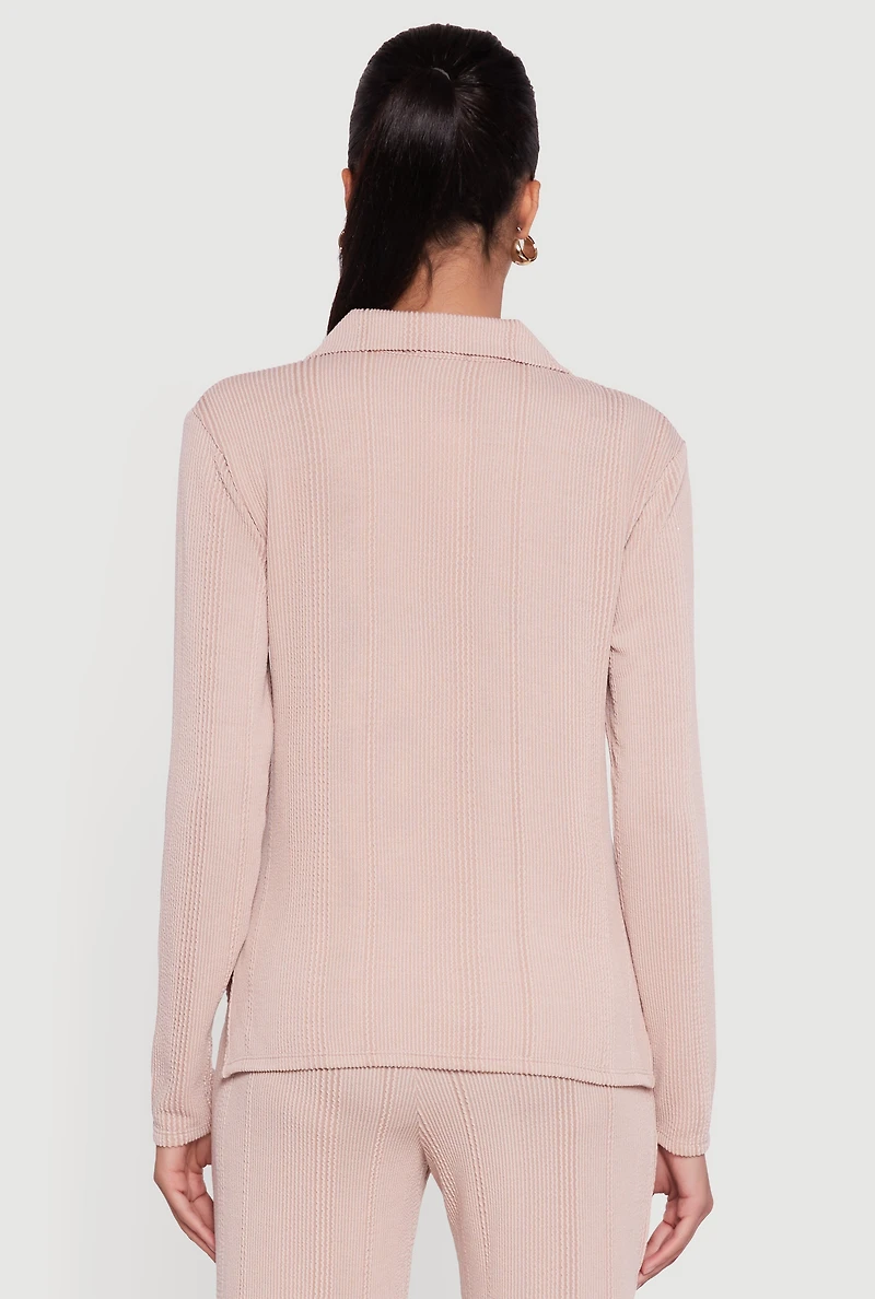 Ribbed Knit Long Sleeve Johnny Collar Polo Shirt