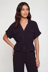 Collared Drawstring Waist Button Front Shirt