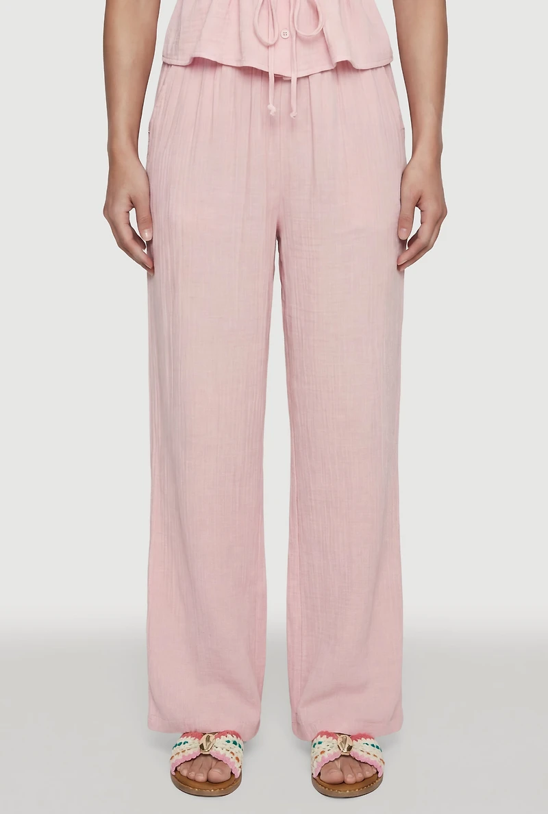 Gauze Knit Smocked Waist Straight Leg Pants