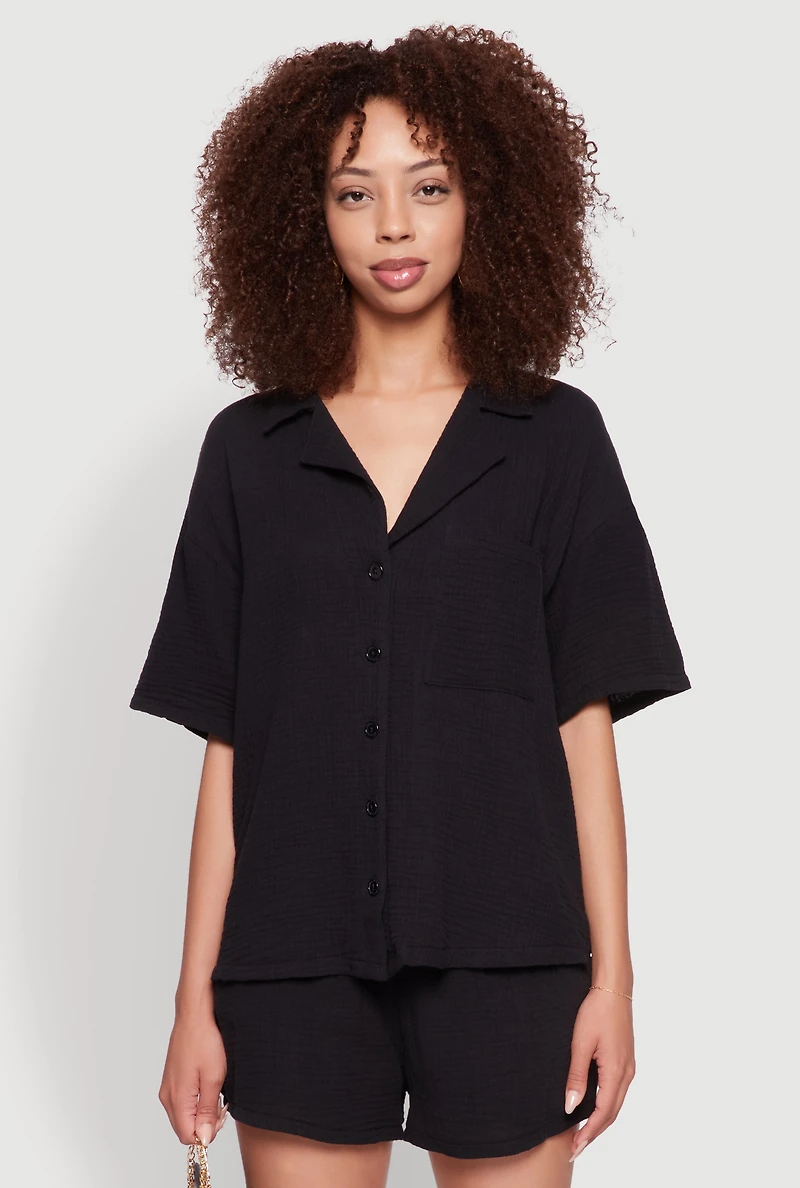 Womens Stylish Gauze Knit Classic Fit Button Front Shirt,