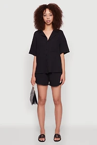 Womens Stylish Gauze Knit Classic Fit Button Front Shirt, Black, Size M