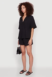 Womens Stylish Gauze Knit Classic Fit Button Front Shirt, Black, Size M