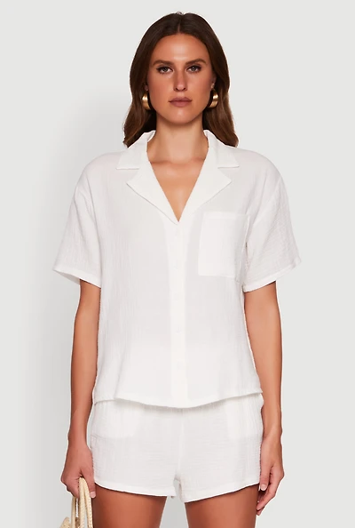 Womens Stylish Gauze Knit Classic Fit Button Front Shirt,
