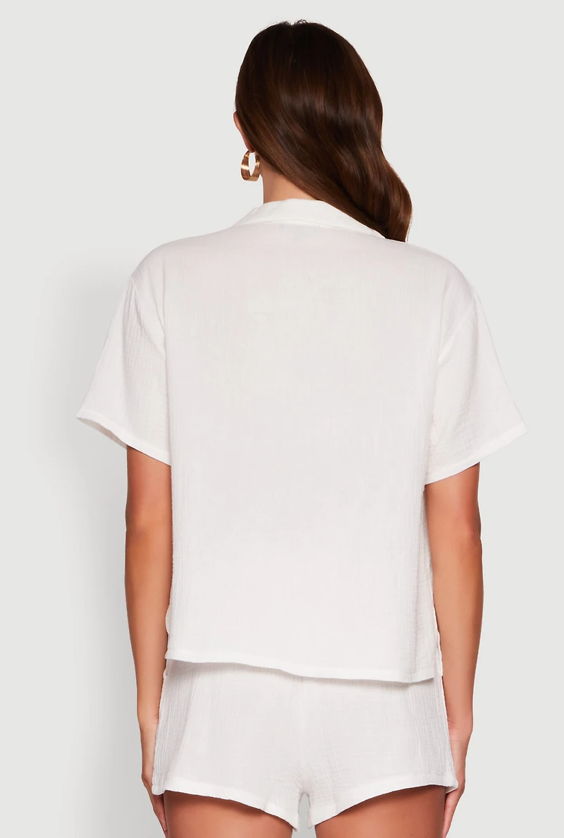 Womens Stylish Gauze Knit Classic Fit Button Front Shirt,