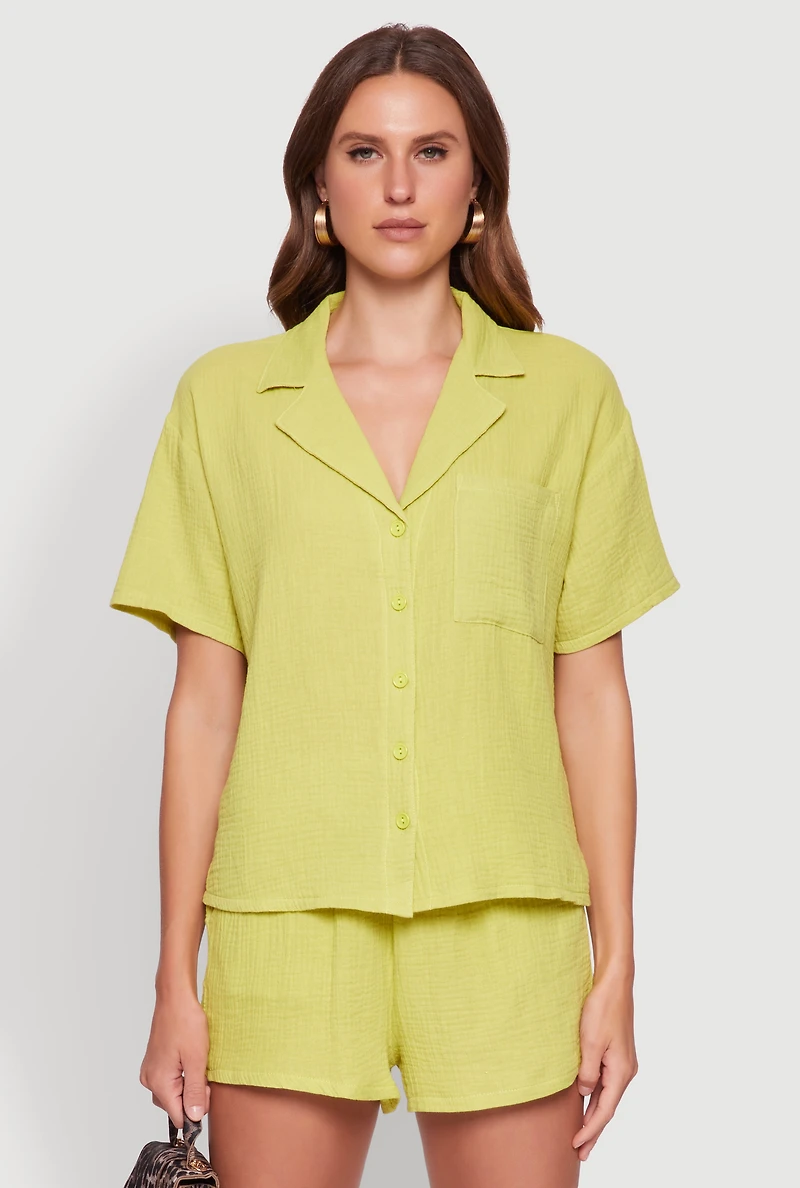 Womens Stylish Gauze Knit Classic Fit Button Front Shirt, Green, Size S