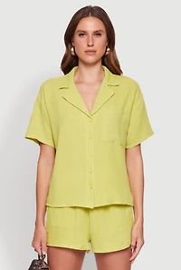 Womens Stylish Gauze Knit Classic Fit Button Front Shirt, Green, Size S