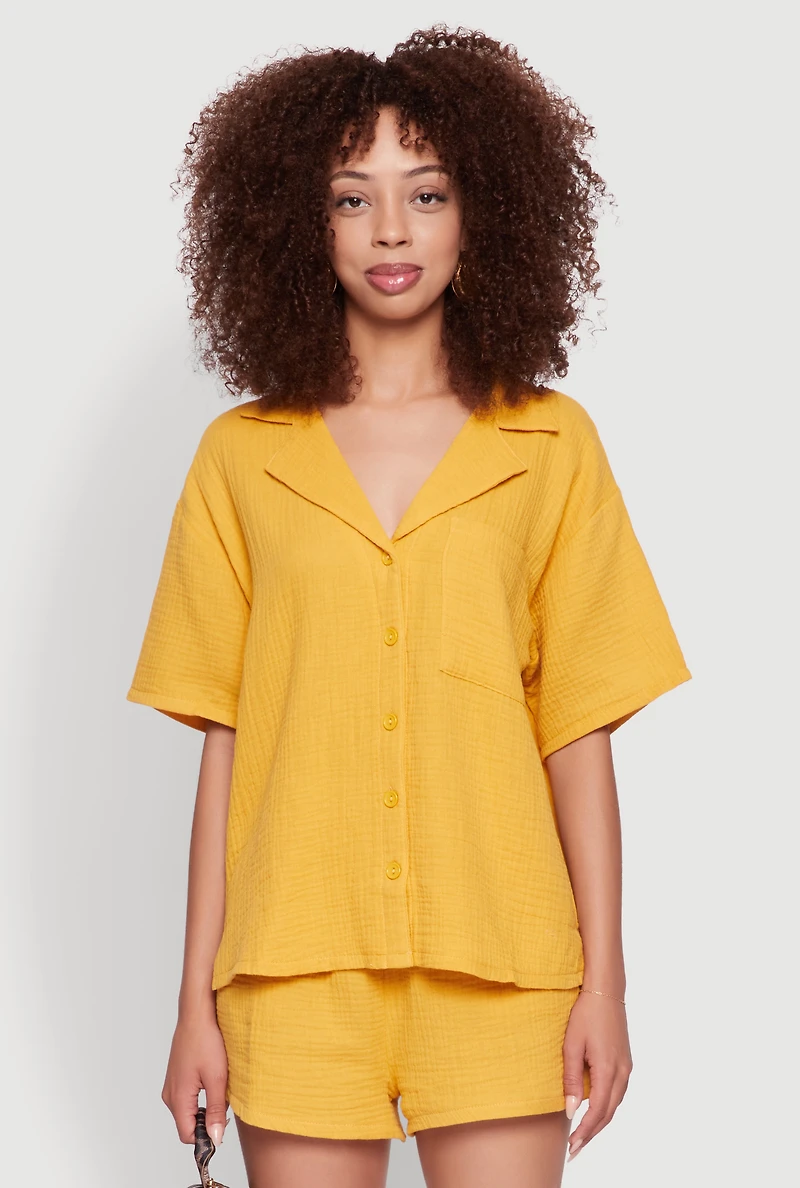 Womens Stylish Gauze Knit Classic Fit Button Front Shirt, Yellow, Size M