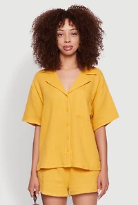 Womens Stylish Gauze Knit Classic Fit Button Front Shirt, Yellow, Size M