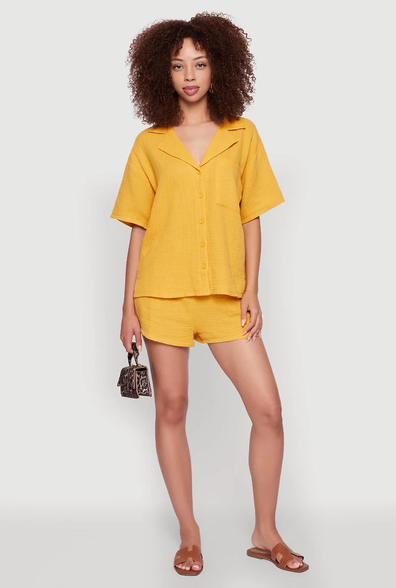 Womens Stylish Gauze Knit Classic Fit Button Front Shirt, Yellow, Size M