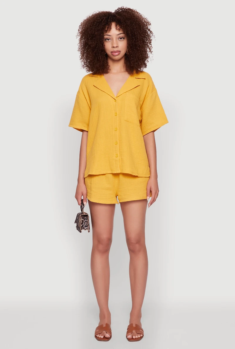 Womens Stylish Gauze Knit Classic Fit Button Front Shirt, Yellow, Size M