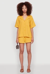 Womens Stylish Gauze Knit Classic Fit Button Front Shirt, Yellow, Size M