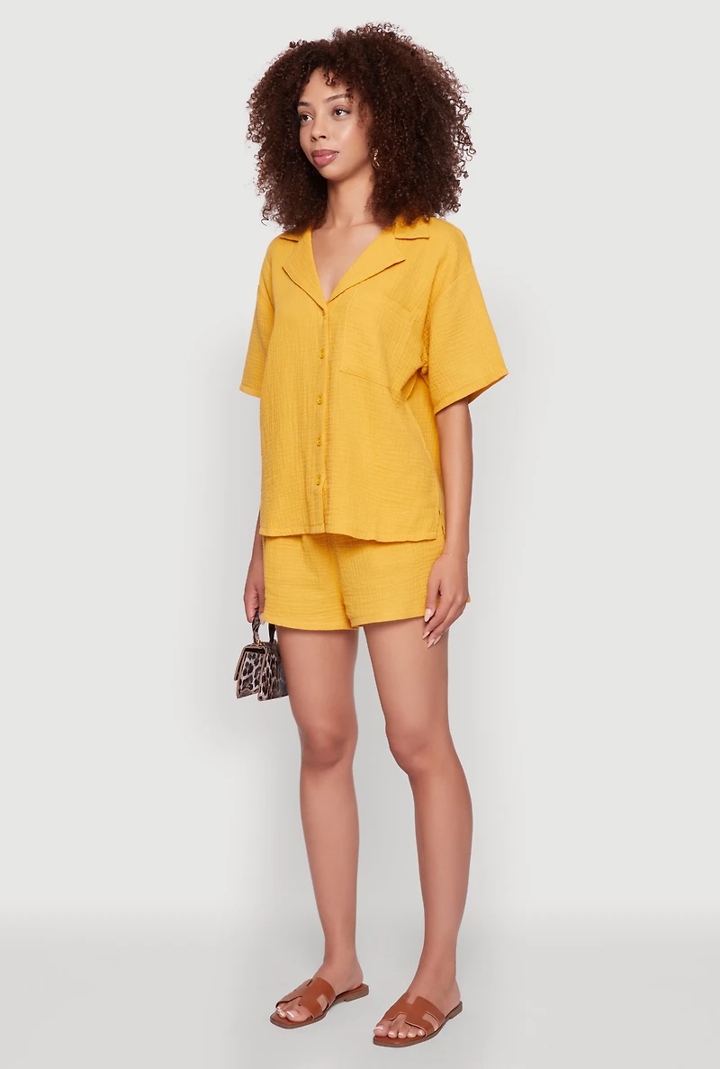 Womens Stylish Gauze Knit Classic Fit Button Front Shirt, Yellow, Size M