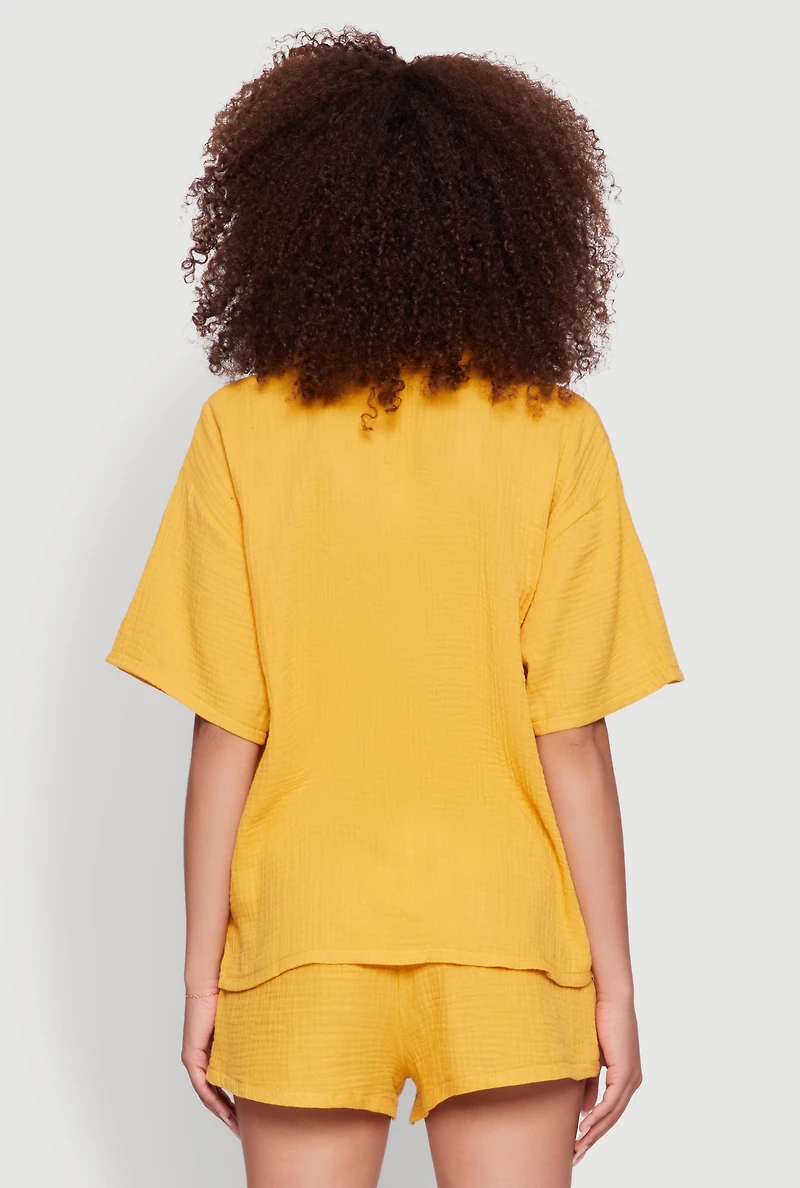 Womens Stylish Gauze Knit Classic Fit Button Front Shirt, Yellow, Size M
