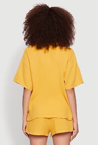 Womens Stylish Gauze Knit Classic Fit Button Front Shirt, Yellow, Size M
