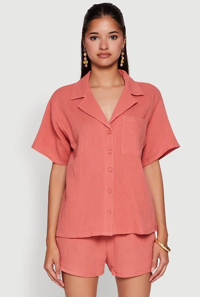 Womens Stylish Gauze Knit Classic Fit Button Front Shirt, M