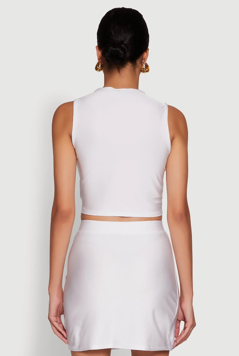 Womens Trendy Rose Applique Sleeveless V-Neck Ruched Crop Top, White, Size XL