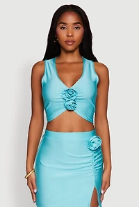 Womens Trendy Rose Applique Sleeveless V-Neck Ruched Crop Top, Blue,