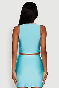 Womens Trendy Rose Applique Sleeveless V-Neck Ruched Crop Top, Blue,