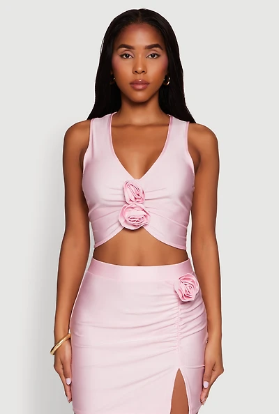 Womens Trendy Rose Applique Sleeveless V-Neck Ruched Crop Top,