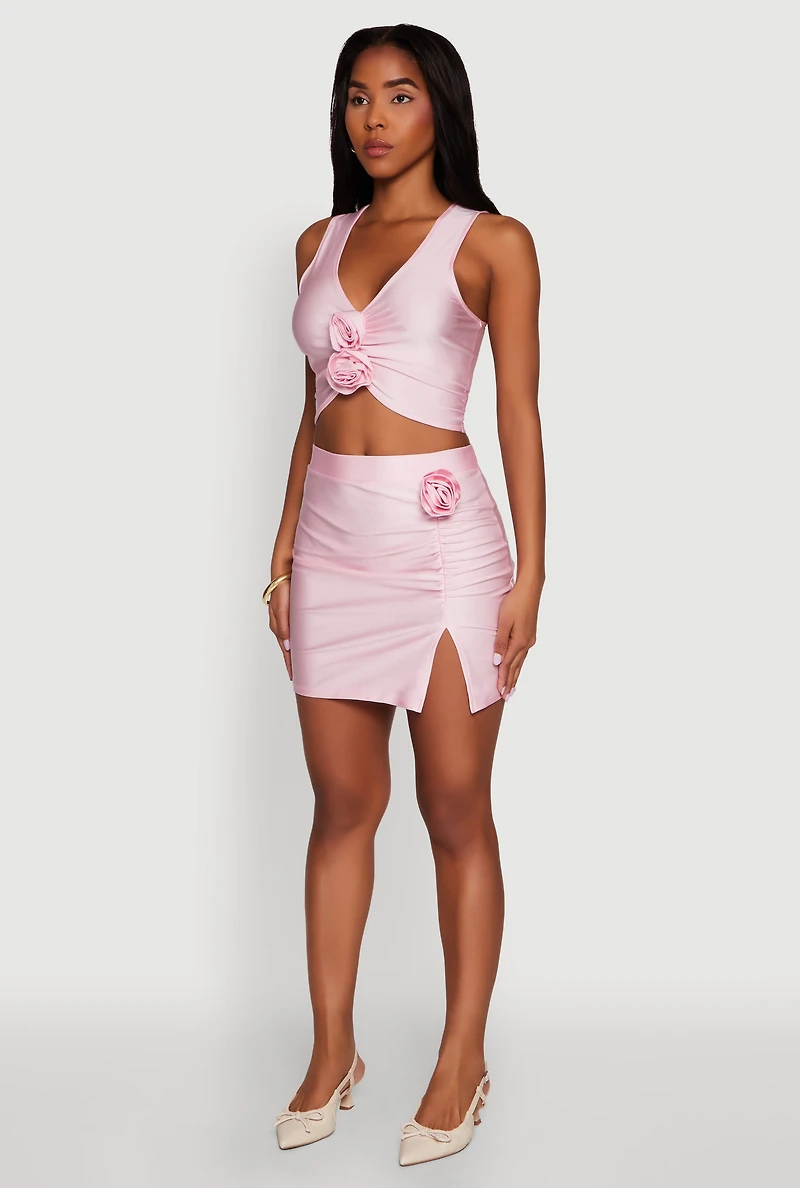 Womens Trendy Rose Applique Sleeveless V-Neck Ruched Crop Top, Pink, Size S