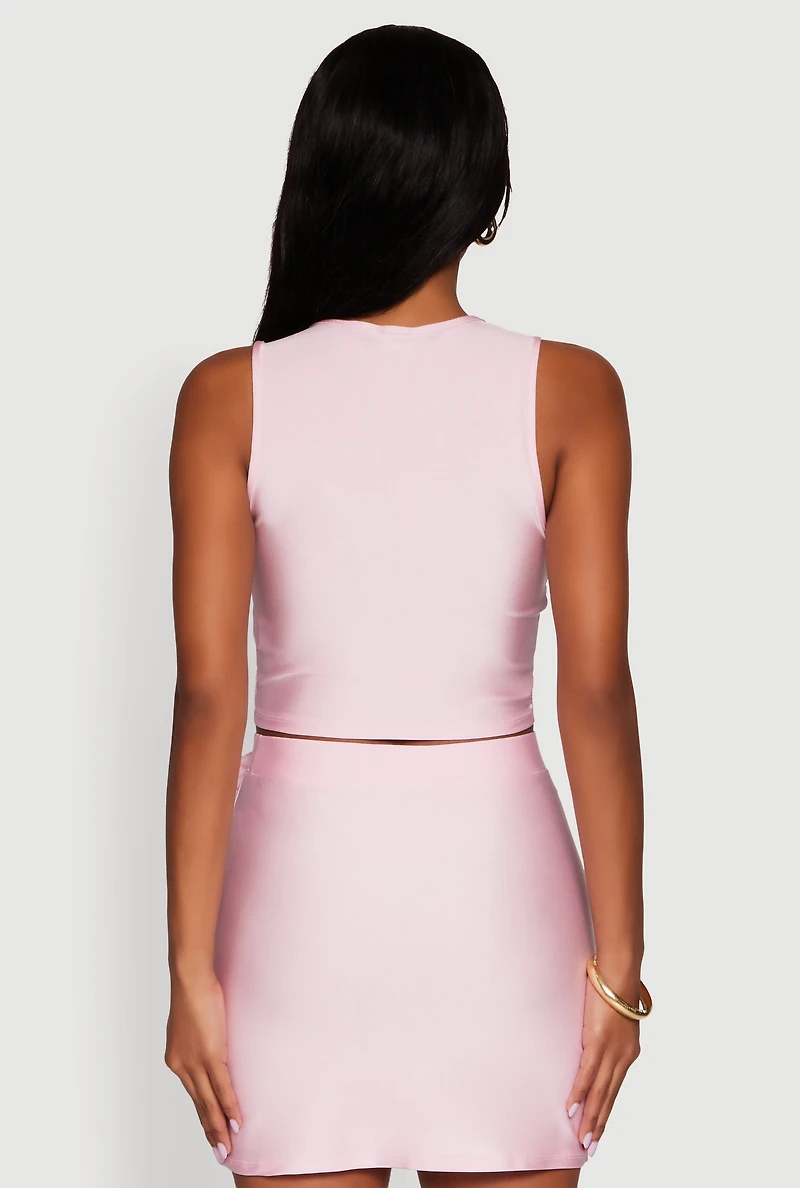 Womens Trendy Rose Applique Sleeveless V-Neck Ruched Crop Top, Pink, Size S