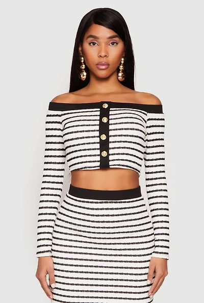 Womens Textured Knit Striped Off the Shoulder Top, Multi, Size L