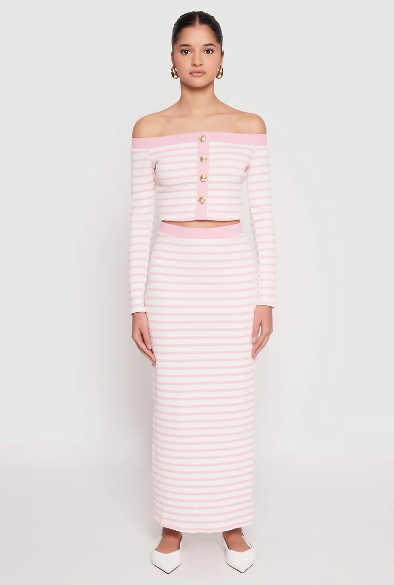 Womens Textured Knit Striped Off the Shoulder Top, Pink, Size L