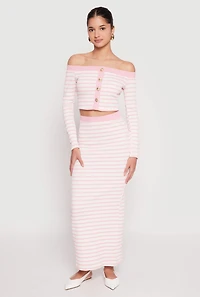 Womens Textured Knit Striped Off the Shoulder Top, Pink, Size L