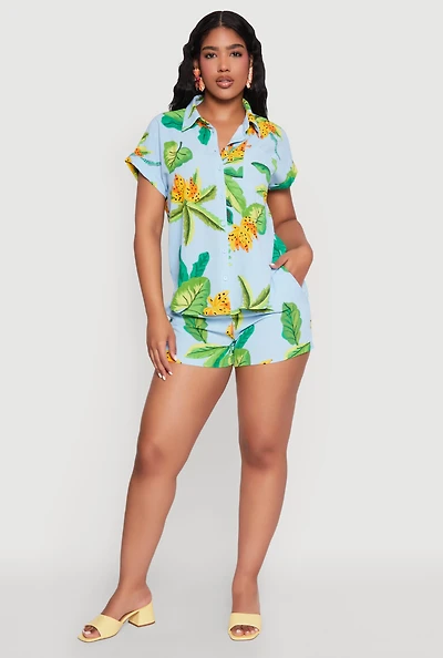 Banana Tropical Print Elastic Waist Shorts