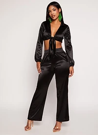 Womens Satin Tie Front Long Sleeve Crop Top, Black, Size S