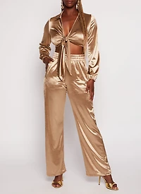 Womens Satin Tie Front Long Sleeve Crop Top, Beige, Size M