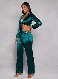 Satin Tie Front Long Sleeve Crop Top