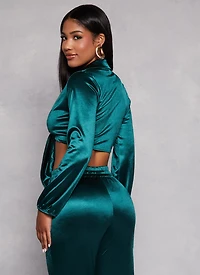 Satin Tie Front Long Sleeve Crop Top