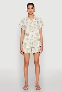Womens Palm Tree Print Fixed Cuff Shirt, Multi,